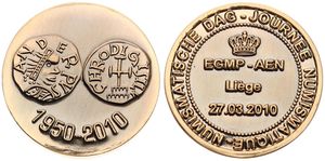 Belgium, Kingdom, Albert II, Medal in Bronze 2010, Numismatic Day EGMP - AEN Liège, Obverse and reverse of medieval coin / Legend within circle, GMJ E.469a, SCARCE, UNC