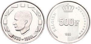 Belgium, Kingdom, Baudouin I, 500 Francs Silver 1990D, 60th Birthday of King Baudouin I, Morin 846, UNC