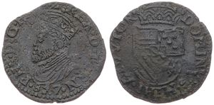 Spanish Netherlands, Philip II, 1 Oord Copper 1587, Crowned bust left / Crowned arms, VH 321.TO - Tournai, Fine