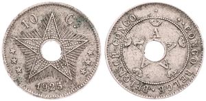 Belgian Congo, Colony, Albert I, 10 Centimes Copper-Nickel 1925, Center hole flanked by crowned monograms within beaded circle, KM 18, VF, VARIETY : DOUBLE 5 ! 