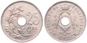 Belgium, Kingdom, Albert I, 25 Centimes Copper-Nickel 1922FR, Center hole within crowned monogram, Morin 326, UNC