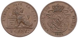 Belgium, Kingdom, Leopold II, 1 Centime Copper 1901FR, Seated lion with tablet, Morin 230, UNC