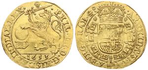 Spanish Netherlands, Philip IV, 1 Soeverein Gold 1653, Crowned rampant lion left holding sword / Crowned arms & golden fleece, VH 638.BS - Brussels, SCARCE, XF (*)