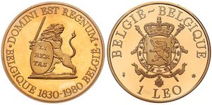 Belgium, Kingdom, Baudouin I, Medal (1 Leo) in Bronze 1980, 150th Anniversary of the Kingdom & Independence, Lion holding shield and sword / Crowned ornate arms, PROOF