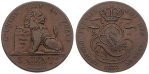Belgium, Kingdom, Leopold I, 5 Centimes Copper 1833, Seated lion with tablet, Morin 68, VF/XF