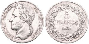 Belgium, Kingdom, Leopold I, 5 Francs Silver 1833, Laureate head left, Morin 8b (Position B), VF