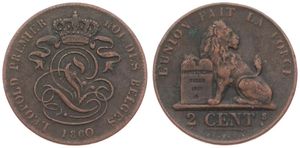 Belgium, Kingdom, Leopold I, 2 Centimes Copper 1860, Seated lion with tablet, Morin 108a, WITH LARGE O IN DATE, A.VF