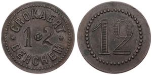Belgium, Kingdom, Berchem, Jeton in Copper ND, 12 Centimes / Crokaert -12 - Berchem, VF