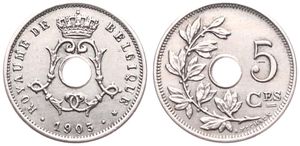 Belgium, Kingdom, Leopold II, 5 Centimes Copper-Nickel 1903FR, Center hole within crowned monogram, Morin 271, SCARCER DATE, A.UNC