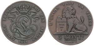 Belgium, Kingdom, Leopold I, 5 Centimes Copper 1851, Seated lion with tablet, Morin 78b, WITH LARGE 5 IN DATE, VF/XF