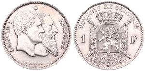 Belgium, Kingdom, Leopold II, 1 Franc Silver 1880FR, 50th Anniversary of Belgian Independence, Morin 191 WITH COMPLETE CROSS ON CROWN, UNC