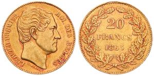 Belgium, Kingdom, Leopold I, 20 Francs Gold 1865, Bare head right, Morin 6a (Position B), XF (*)