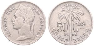 Belgian Congo, Colony, Albert I, 50 Centimes Copper-Nickel 1926, Laureate head of the King left, KM 22 French Legend, VF