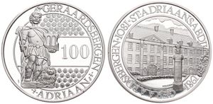 Belgium, Kingdom, Baudouin I, Geraardsbergen - 100 Adriaan in Silver 1981, Former St. Adriaans Abbey / St. Adriaan holding a hammer & a shrine, GMJ 1981/58b, SCARCE, PROOF