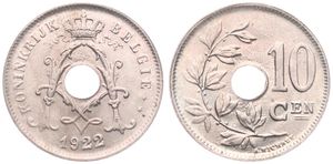 Belgium, Kingdom, Albert I, 10 Centimes Copper-Nickel 1922FL, Center hole within crowned monogram, Morin 341, UNC