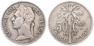 Belgian Congo, Colony, Albert I, 50 Centimes Copper-Nickel 1924, Laureate head of the King left, KM 22 French Legend, KEY DATE, VF