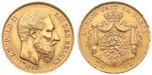 Belgium, Kingdom, Leopold II, 20 Francs Gold 1868, Bearded head right, Morin 142, XF (*)