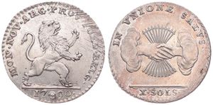 Austrian Netherlands, Insurrection Coinage, 10 Sols Silver 1790(b), Rampant lion right / Arrows back of grasped hands at center, KM 46 Brussels, XF
