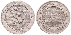 Belgium, Kingdom, Leopold I, 5 Centimes Copper-Nickel 1862, Rampant lion within circle left, Morin 138, A.UNC