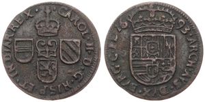 Spanish Netherlands, Charles II, 1 Oord Copper 1693, Crowned title and three shields / Crowned arms, VH 722.BG - Bruges, VF