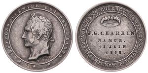 Belgium, Kingdom, Leopold I, Medal in White metal 1858 by Hart, Récompense Publique Namur, Laureate head of the King left within circle / Legend around and within circle, VF
