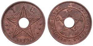 Belgian Congo, Colony, Albert I, 1 Centime Copper 1919, Center hole flanked by crowned monograms within beaded circle, KM 15, UNC