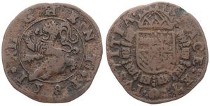 Spanish Netherlands, Philip II, 12 Mijt Copper 1581, Rampant lion within circle / Crowned arms with collar, VH 395.Gent - Gent, Fine