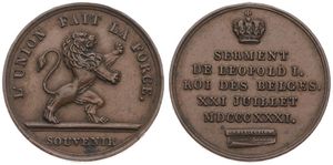 Belgium, Kingdom, Leopold I, Medal in Copper 1831, Souvenir of the inauguration of King Leopold I, Rampant lion right / Crown above legend in 5 lines, VF