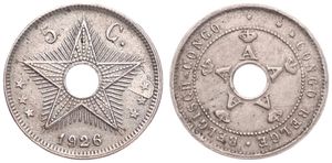 Belgian Congo, Colony, Albert I, 5 Centimes Copper-Nickel 1926, Center hole flanked by crowned monograms within beaded circle, KM 17, VF 