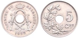 Belgium, Kingdom, Albert I, 5 Centimes Copper-Nickel 1922/20FR, Center hole within crowned monogram, Morin 361a, UNC
