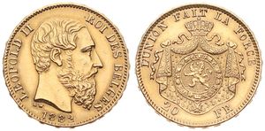 Belgium, Kingdom, Leopold II, 20 Francs Gold 1882, Bearded head right, Morin 151, A.UNC, (slightly cleaned) (*)