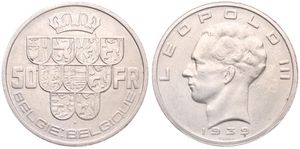 Belgium, Kingdom, Leopold III, 50 Francs Silver 1939FL/FR (Position A), Crown above nine shields, Morin 445c, VARIETY WITHOUT CROSS ON CROWN, XF