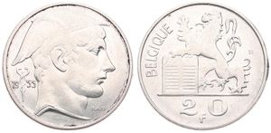Belgium, Kingdom, Baudouin I, 20 Francs Silver 1955FR, Helmeted head of Mercurius right, Morin 549, EXTREMELY RARE KEY DATE !, XF