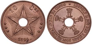 Congo Free State, Royal Domain, Leopold II, 10 Centimes Copper 1894, Center hole flanked by crowned monograms within beaded circle, KM 4, A.UNC (cleaned)