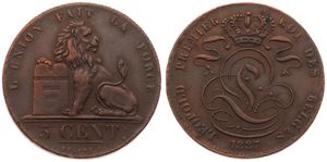 Belgium, Kingdom, Leopold I, 5 Centimes Copper 1837, Seated lion with tablet, Morin 70, VF/XF