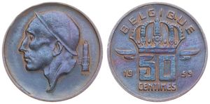 Belgium, Kingdom, Baudouin I, 50 Centimes Bronze 1959FR, Helmeted mine worker left, Morin 666, VARIETY WITH DOUBLE CHIN & THROAT, XF