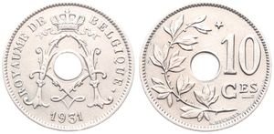 Belgium, Kingdom, Albert I, 10 Centimes Nickel-Brass 1931FR, Center hole within crowned monogram, Morin 426c, XF