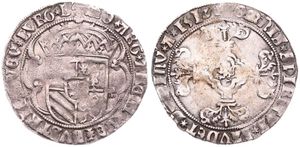 Burgundy, Charles V, 1 Zilveren Dubbele Stuiver Silver 1512, Crowned arms within circle / Floriated cross within circle with mintmaster sign in centre, VH 202-AN - Antwerp, VF