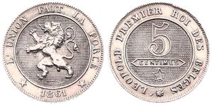 Belgium, Kingdom, Leopold I, 5 Centimes Copper-Nickel 1861, Rampant lion within circle left, Morin 137, A.UNC