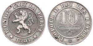 Belgium, Kingdom, Leopold II, 10 Centimes Copper-Nickel 1901FR, Rampant lion within circle left, Morin 242, RARE KEY DATE, XF