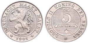 Belgium, Kingdom, Leopold II, 5 Centimes Copper-Nickel 1901FL, Rampant lion within circle left, Morin 253, UNC