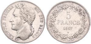 Belgium, Kingdom, Leopold I, 5 Francs Silver 1847, Laureate head left, Morin 13, VF+