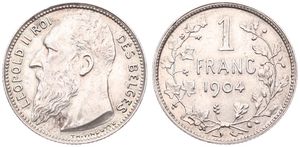 Belgium, Kingdom, Leopold II, 1 Franc Silver 1904FR, Bearded head left, Morin 198, XF/AU