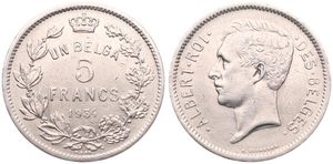 Belgium, Kingdom, Albert I, 5 Francs (1 Belga) Nickel 1934FR (Position B), Head left, Morin 390b, RARE KEY DATE !, VF
