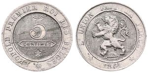 Belgium, Kingdom, Leopold I, 5 Centimes Copper-Nickel 1861, Rampant lion within circle left, Morin 137a, VARIETY, A.XF