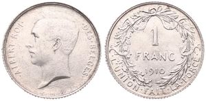 Belgium, Kingdom, Albert I, 1 Franc Silver 1910FR, Head left, Morin 288, XF