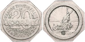 Belgium, Kingdom, Gent, 20 Frank Copper-Nickel 1930, Legend Waarde Twintig Frank VOORUIT / People in front of radiant sun - Legend : Samenwerking Werkende klasse, XF
