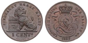 Belgium, Kingdom, Leopold II, 1 Centime Copper 1887FL, Seated lion with tablet, Morin 226, UNC