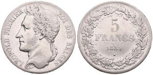 Belgium, Kingdom, Leopold I, 5 Francs Silver 1834, Laureate head left, Morin 9a (Position A), VF