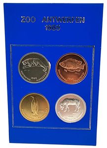 Belgium, Kingdom, Baudouin I, Official Annual Coin Set 1985 from the ZOO in Antwerp with 4 animal tokens, good for 10 entrances to the Zoo (still valuable), UNC in original blister